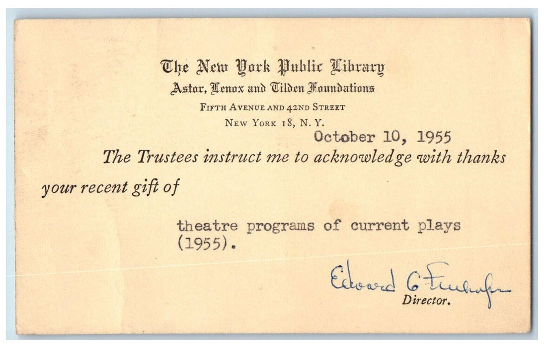 1955 The New York Public Library Theatre Programs NY Iowa City IA Postal Card
