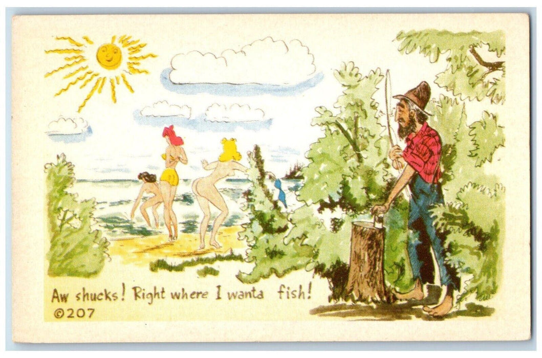 Old Man Fishing Shucks Womens Undressed Nude Bathing Sun Comic Humor Postcard