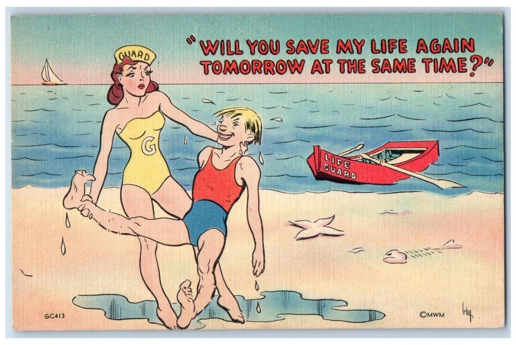 c1930s Sexy Woman Life Guard Save Man Drown Will You Save My Life Again Postcard