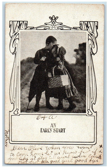 1908 Sweet Little Sweetheart Kissing Basket Umbrella An Early Start Postcard