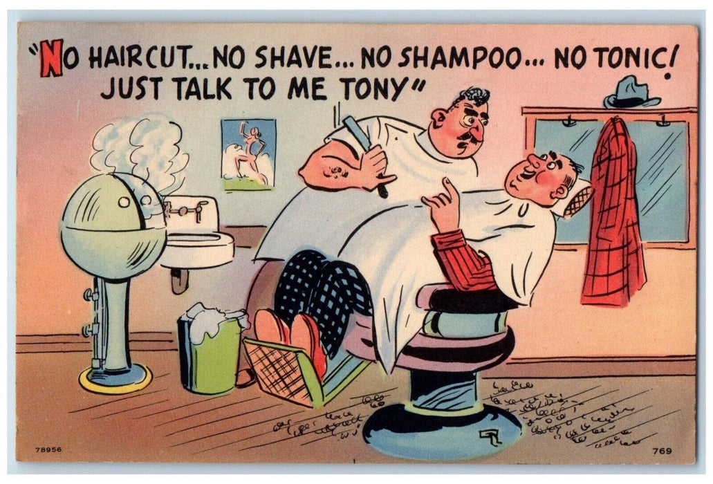c1930's Barber Shop No Haircut No Shave No Shampoo No Tonic Humor Postcard
