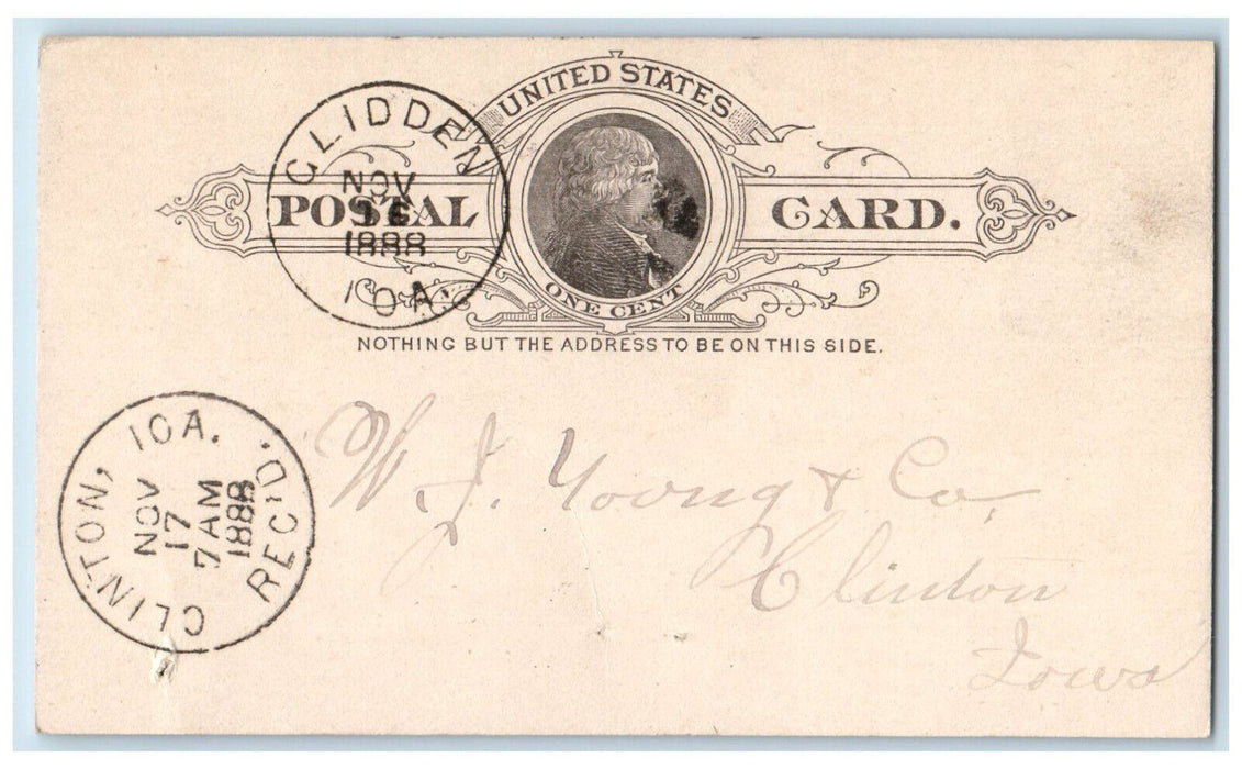 1888 Ach Order Message Glidden Iowa IA Clinton Iowa IA Antique Postal Card