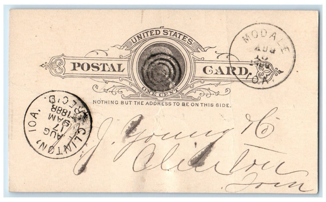 1888 Mill Ship Modale Iowa IA WJ Young & Co. Clinton Iowa IA Postal Card