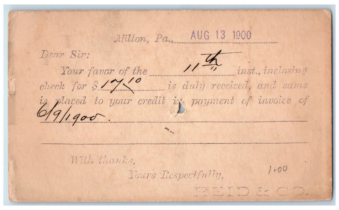 1900 Payment of Invoice Reid & Co. Milton Pennsylvania PA Postal Card