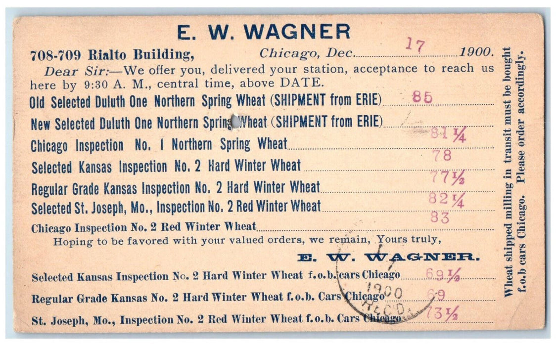 1900 E.W. Wagner Rialto Building Chicago IL Cook & Greist Fleming PA Postal Card
