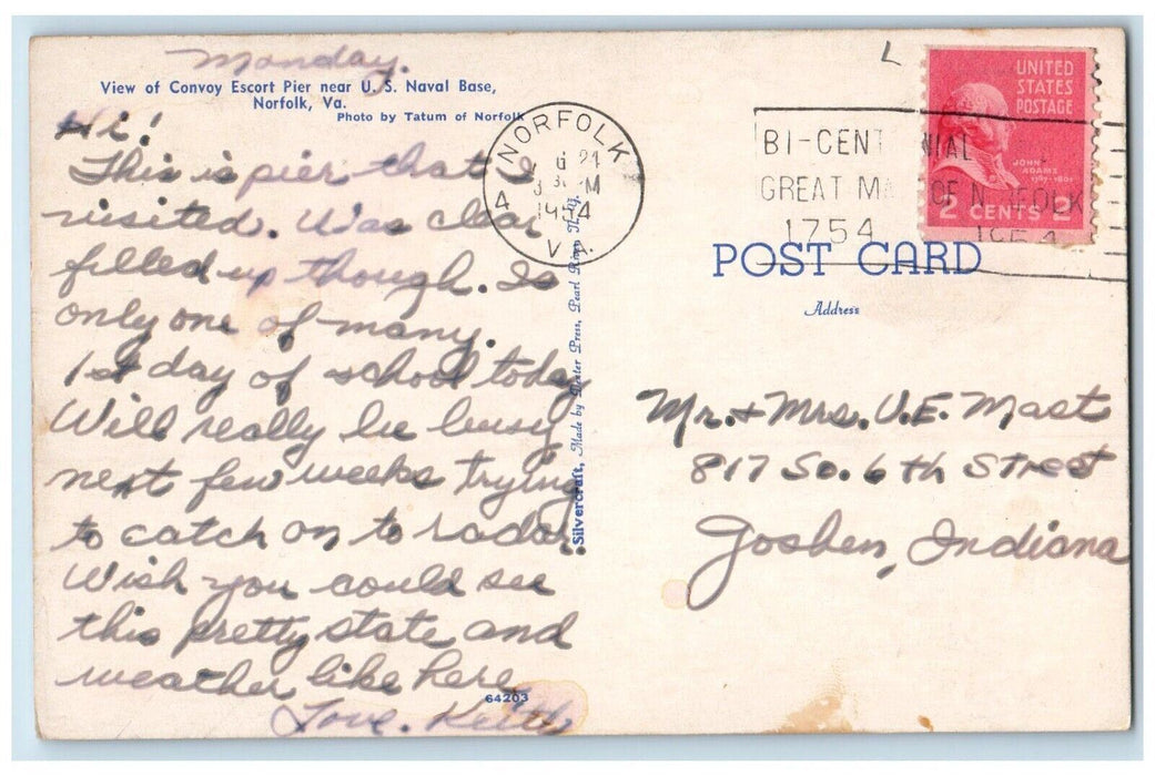 1954 View Convoy Escort Pier U.S. Naval Base Steamer Norfolk Virginia Postcard