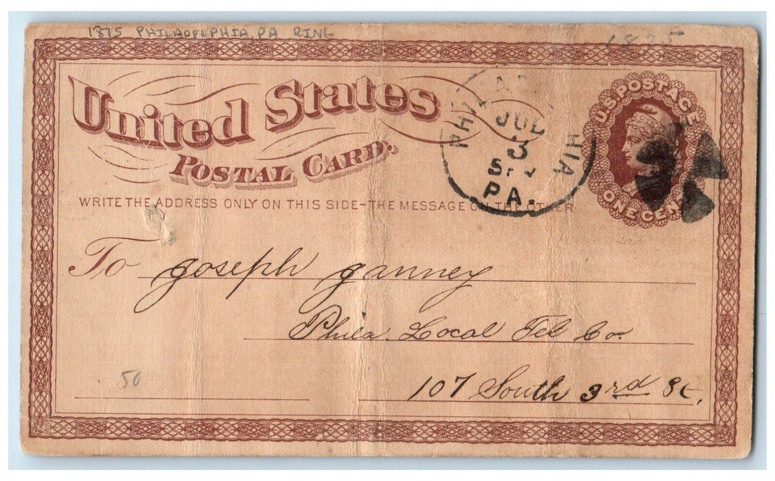 1875 Friend Joseph Ring Philadelphia Pennsylvania PA Antique Postal Card