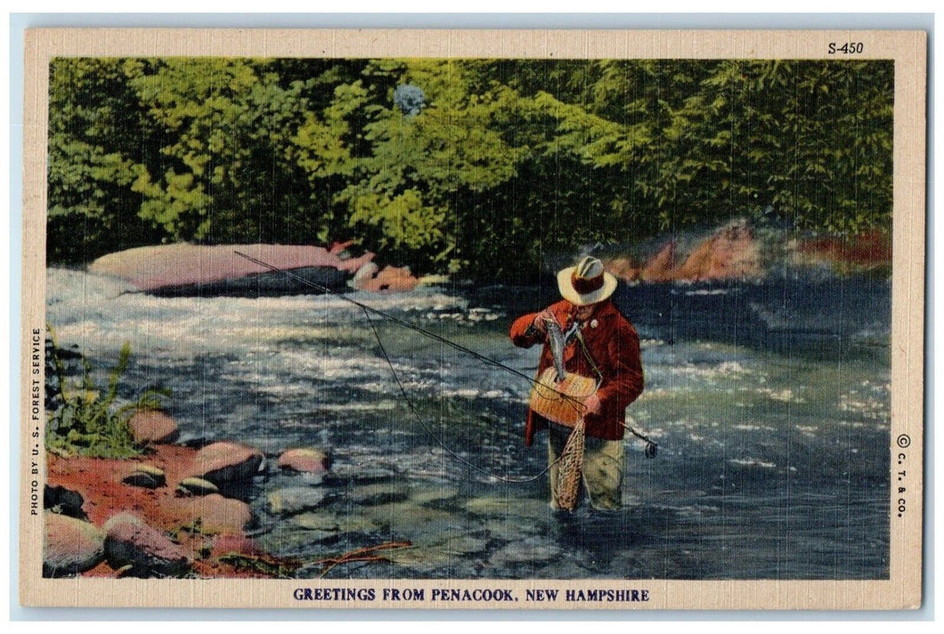 1954 Greetings From Penacook Fishing River Lake New Hampshire Vintage Postcard