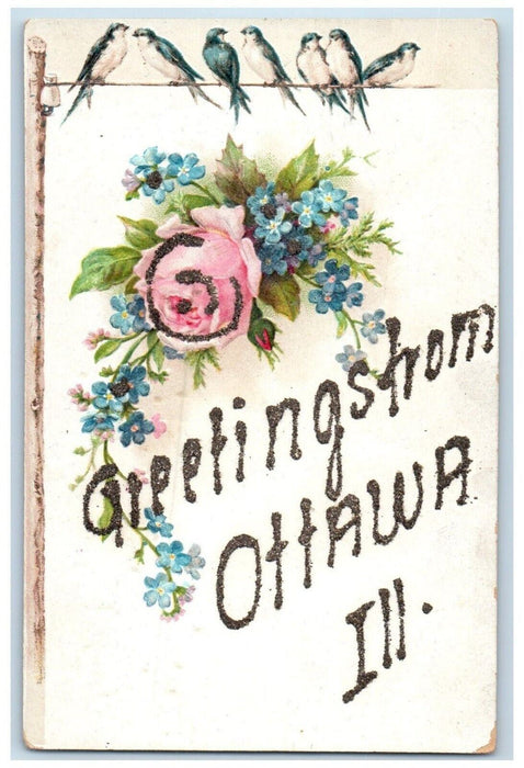 1910 Greetings From Ottawa Embossed Glitter Flower Illinois IL Vintage Postcard