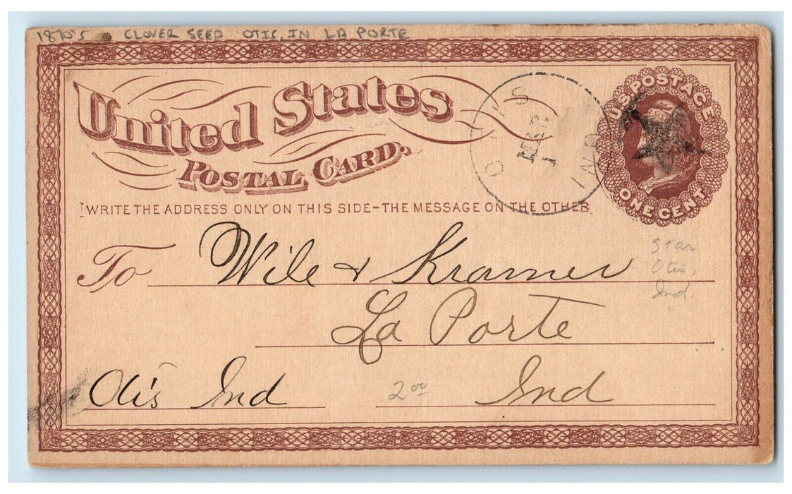 1874 Clover Seed Otis Indiana IN La Porte Wile & Kramer Antique Postal Card
