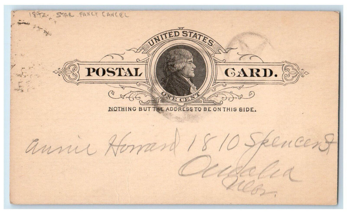 1892 Star Fancy Cancel Saturday Night Omaha Nebraska NE Antique Postcard