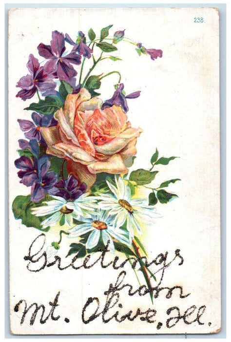 1910 Greetings From Mt. Olive Flower Pink Rose Embossed Leaf Illinois Postcard