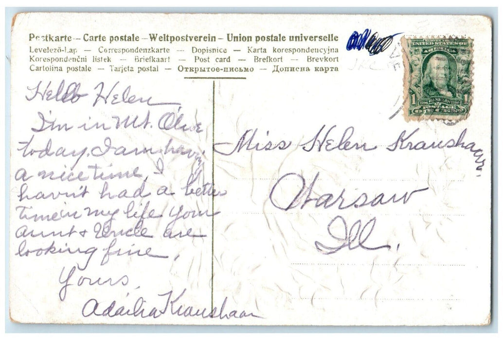 1910 Greetings From Mt. Olive Flower Pink Rose Embossed Leaf Illinois Postcard