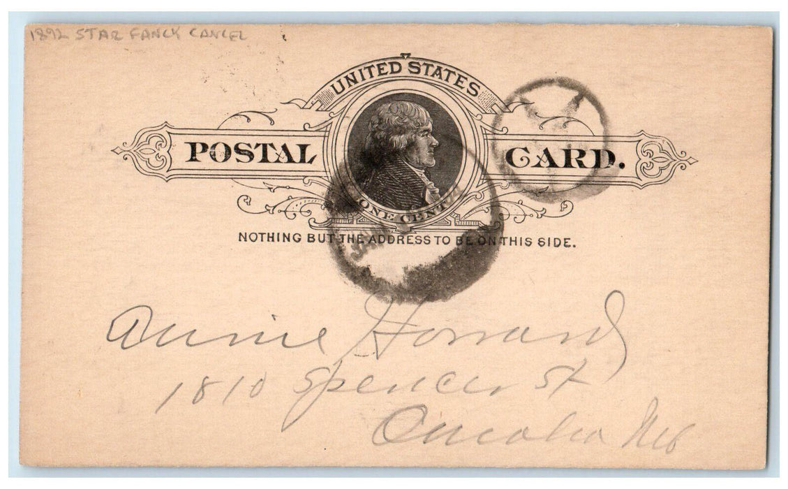 1892 Horses All Right Message Star Fancy Cancel Omaha Nebraska Postal Card