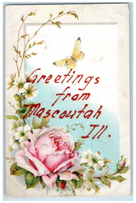 1907 Greetings Mascoutah Flower Butterfly Embossed Glitter Illinois IL Postcard