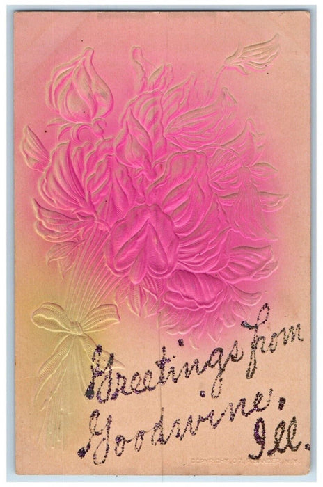 1910 Greetings From Goodwine Embossed Airbrush Flower  Illinois Vintage Postcard