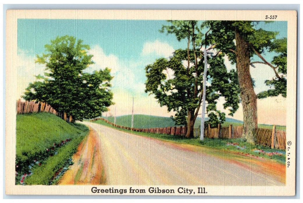 1940 Greetings From Gibson City Street Road Illinois IL Vintage Antique Postcard