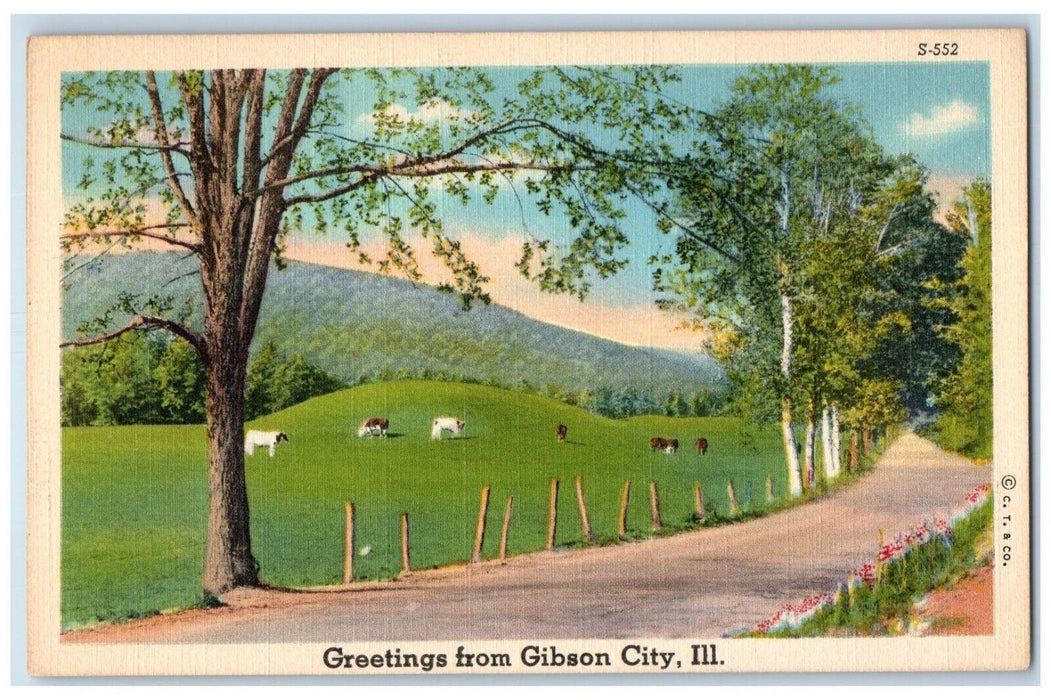 1940 Greetings From Gibson City Street Cows Illinois IL Vintage Antique Postcard