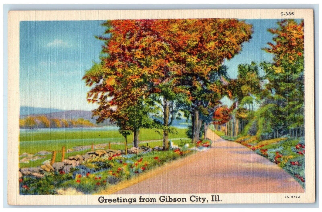 1940 Greetings From Gibson City Flowers Road Illinois Vintage Antique Postcard