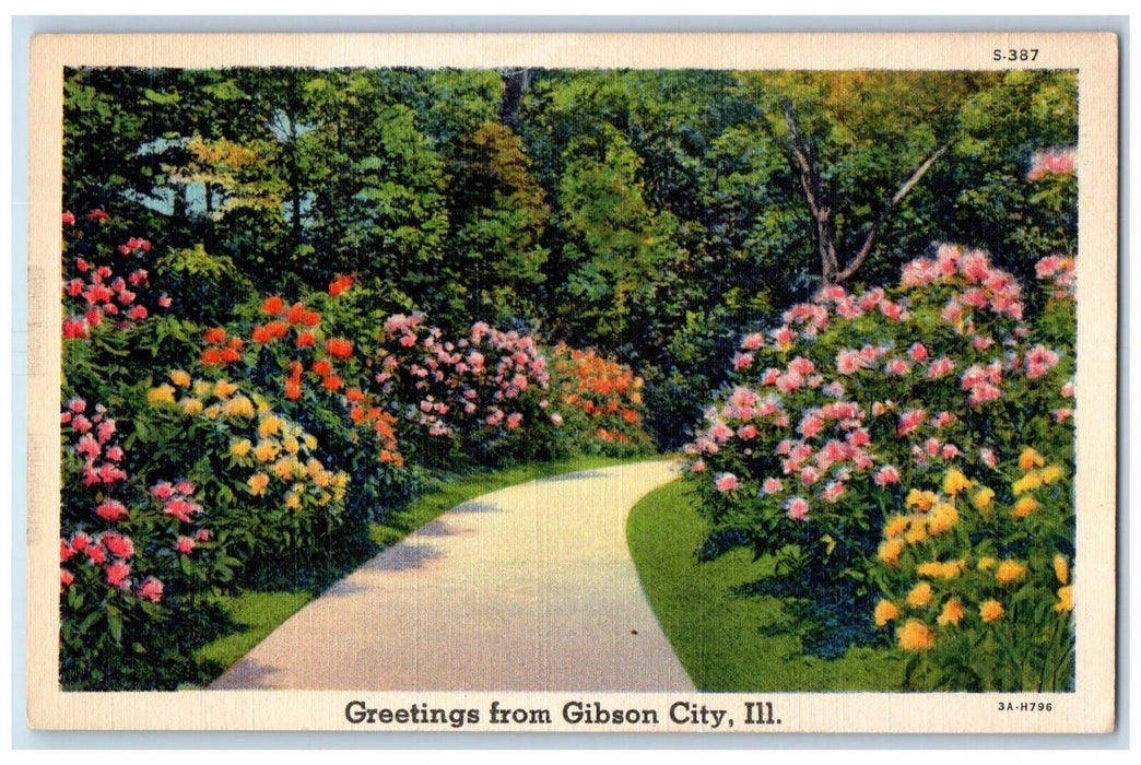 1940 Greetings From Gibson City Flowers Plants Illinois Vintage Antique Postcard