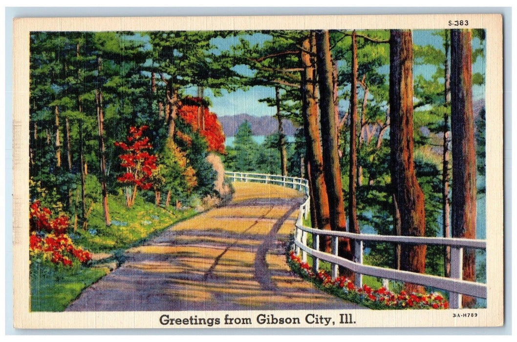 1940 Greetings From Gibson City Flowers River  Illinois Vintage Antique Postcard