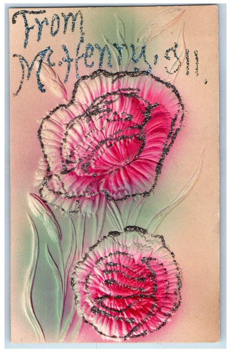 c1910 From Mt. Henry Airbrush Embossed Flower Illinois Vintage Antique Postcard