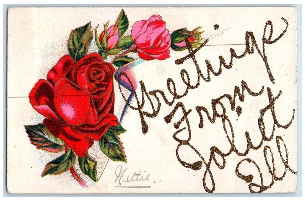 c1910 Greetings From Joliet Roses Glitter Illinois IL Vintage Antique Postcard