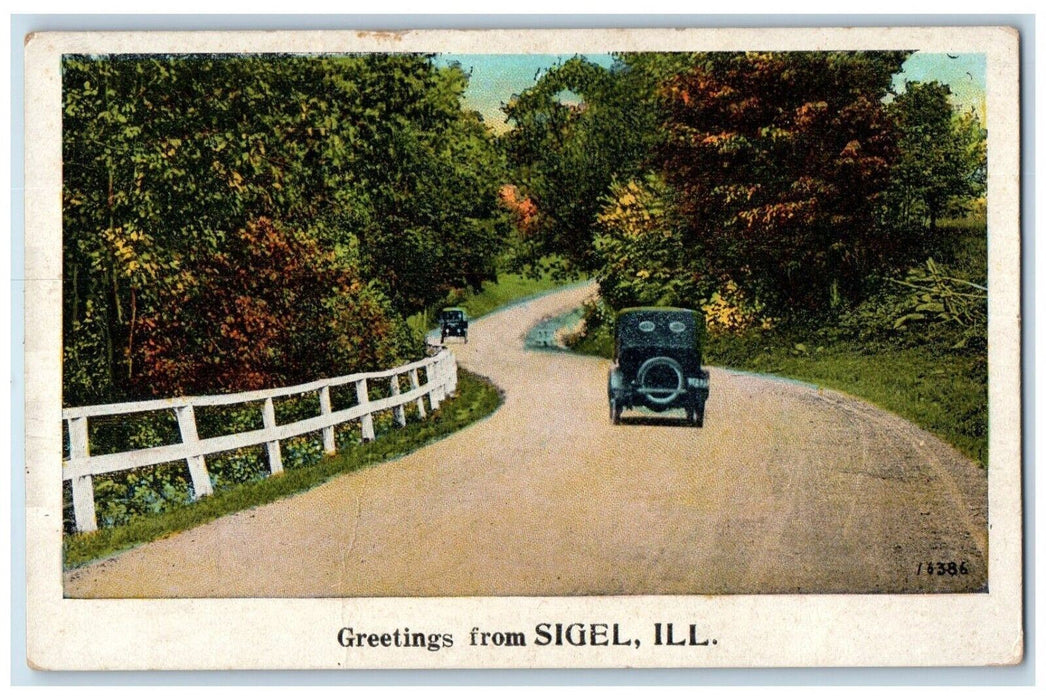 c1920 Greetings From Sigel Classic Cars Illinois Street Vintage Antique Postcard