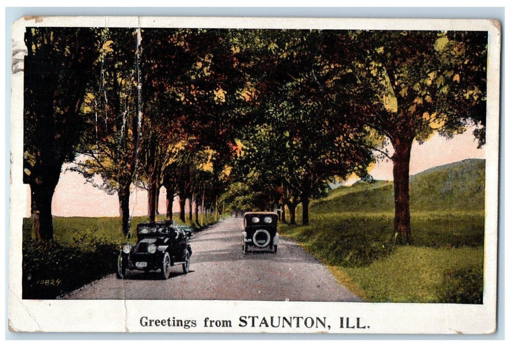 1924 Greetings From Staunton Classic Cars Illinois IL Vintage Antique Postcard