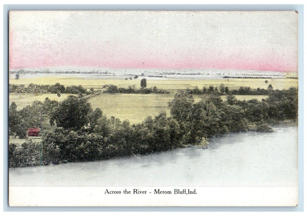 c1910 Aerial View Across River Field Trees  Merom Bluff Indiana Vintage Postcard