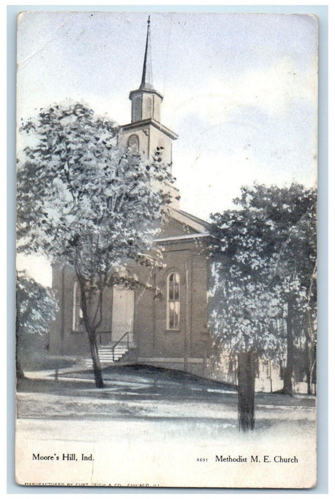 1907 Methodist M.E. Church Exterior Building Field Moore's Hill Indiana Postcard