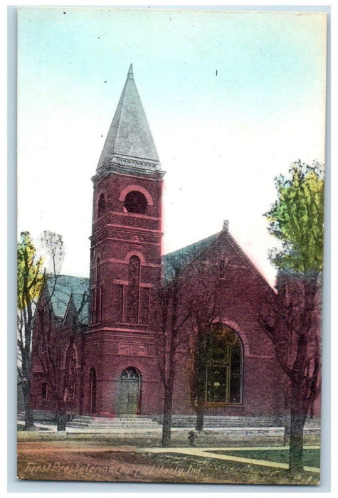 c1910 First Presbyterian Church Exterior Building Field Liberty Indiana Postcard
