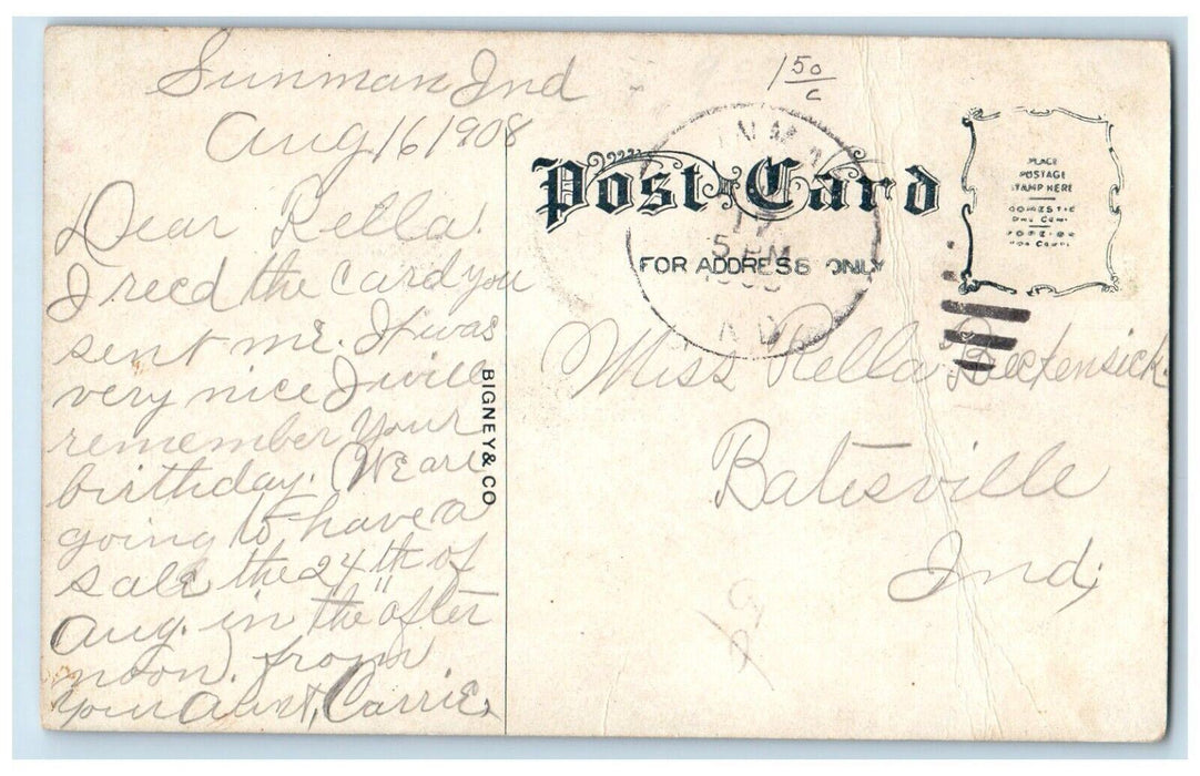 1908 Residence Bigney Co. Exterior House Garden Field Sunman Indiana IN Postcard