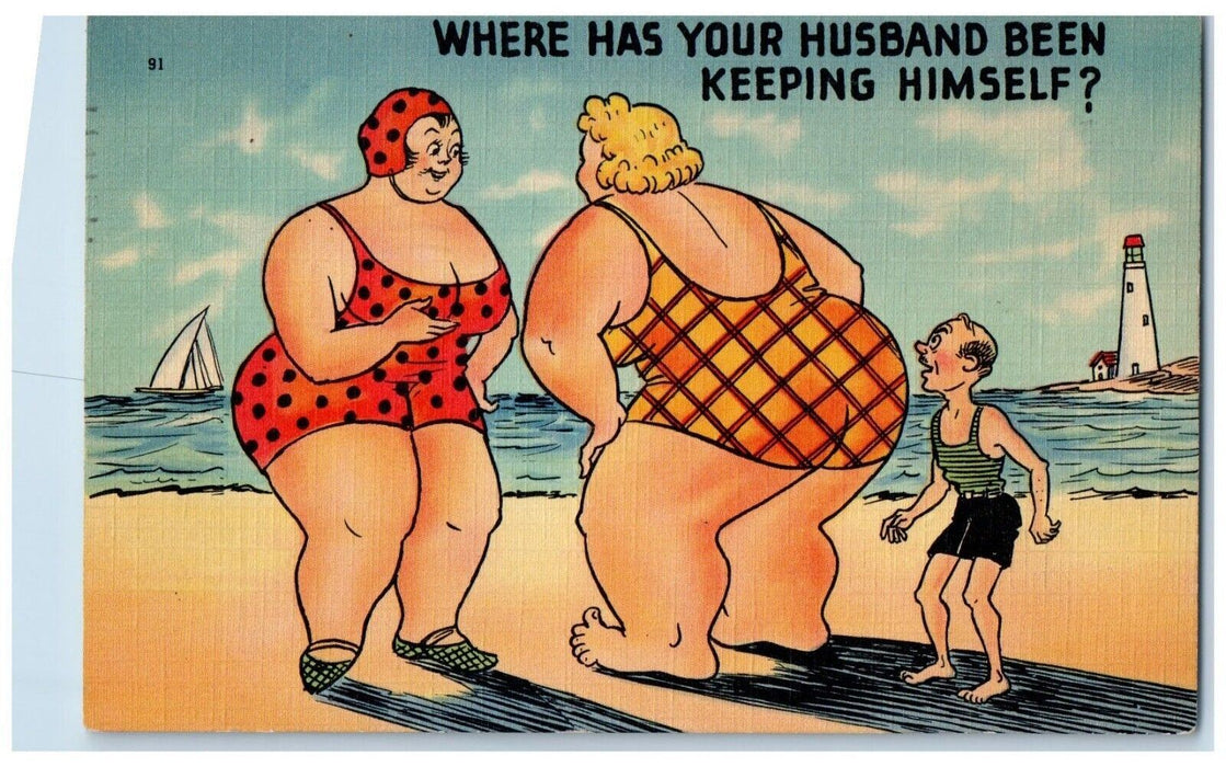 1942 Fat Womens Big Butt Swimsuit Beach Bathing Husband Behind Boat Postcard