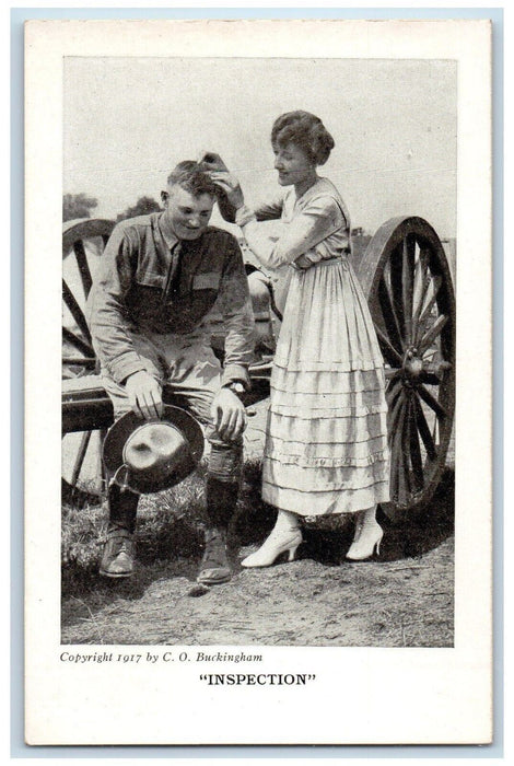 c1910's WWI Soldier Couple Romance Inspection Camp Life Humor Antique Postcard