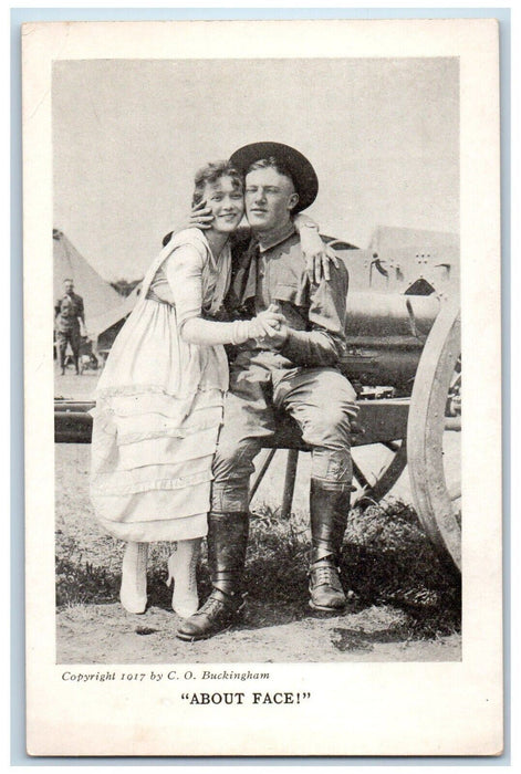 c1910's WWI Soldier Couple Sweet Romance About Face Camp Life Humor Postcard