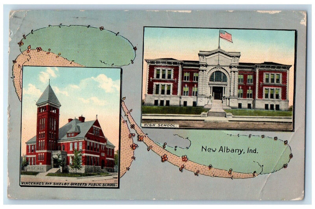 1914 Vincennes Shelby Streets Public School High School New Albany IN Postcard