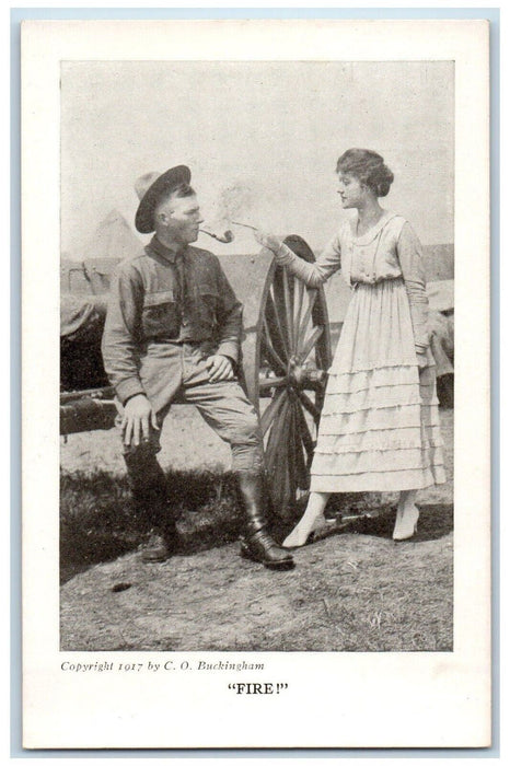 c1910s WWI Soldier Couple Sweet Romance Pipe Smoke Fire Camp Life Humor Postcard