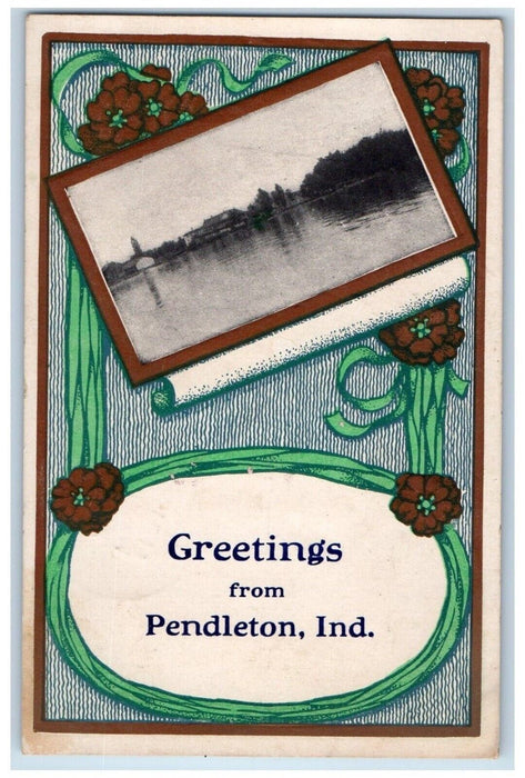 1911 Greetings From River Flower Pendleton Indiana IN Vintage Antique Postcard