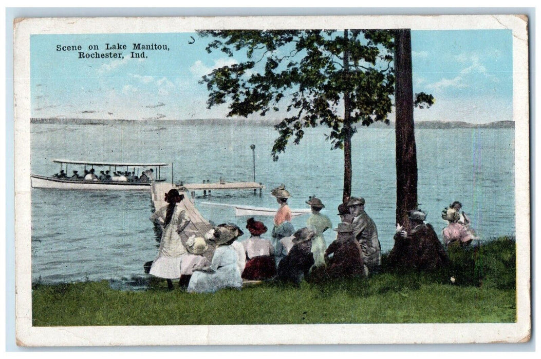 1925 Scene Lake Maintou Boat Dock Rochester Indiana IN Vintage Antique Postcard