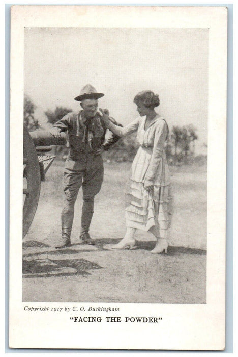 WWI Soldier Couple Sweet Romance Facing The Powder Camp Life Humor Postcard
