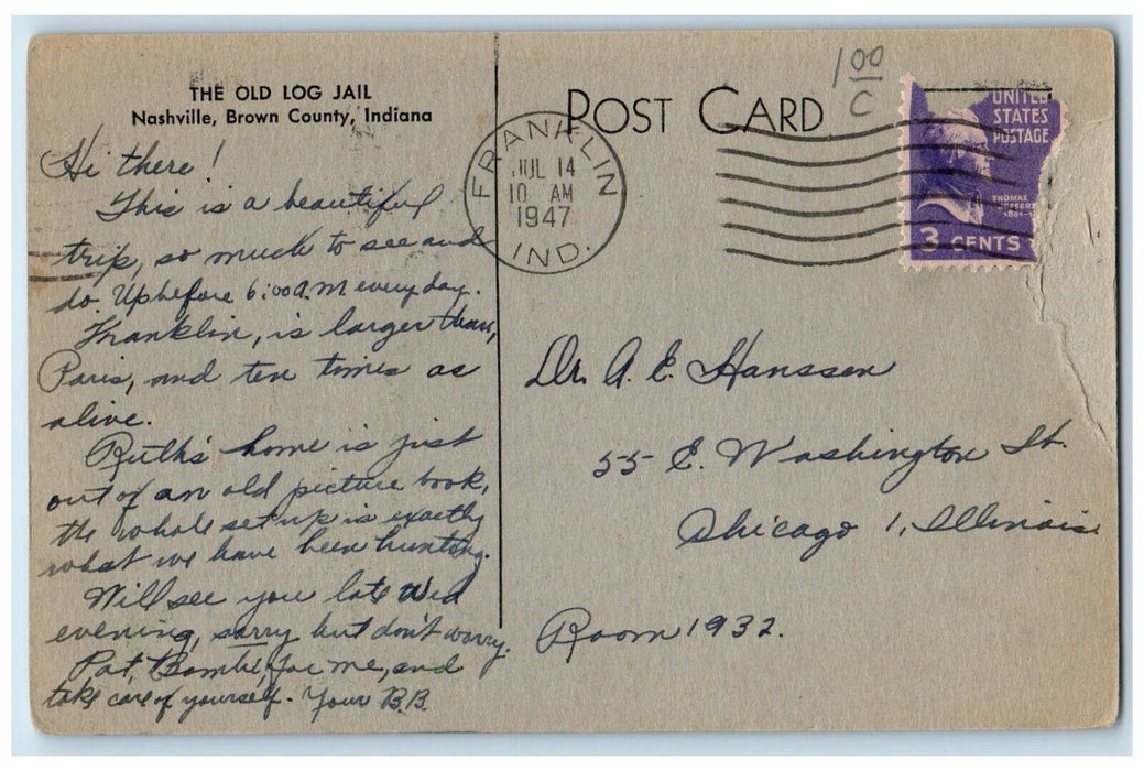 1947 Old Log Jail Nashville Exterior Building Brown County Indiana IN Postcard