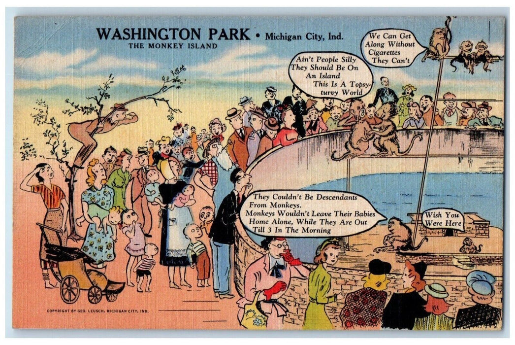 c1940 Washington Park Monkey Island Zoo Michigan City Indiana Vintage Postcard