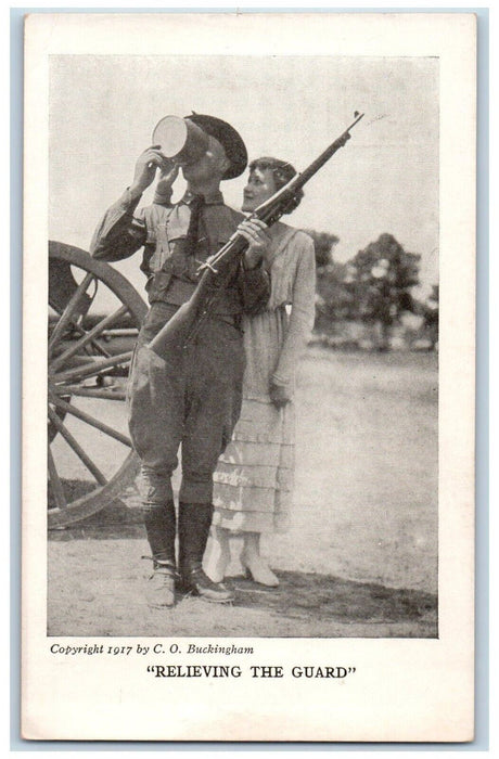 WWI Soldier Couple Sweet Romance Relieving The Guard Camp Life Humor Postcard