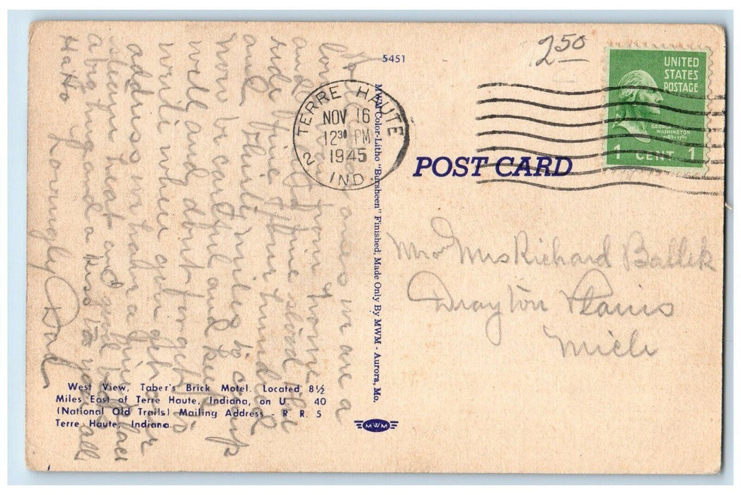 1945 Taber's Brick Motel Miles East Terre Haute Indiana On US Vintage Postcard