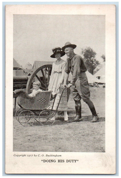 WWI Soldier Couple Romance Doing His Duty Stroller Camp Life Humor Postcard