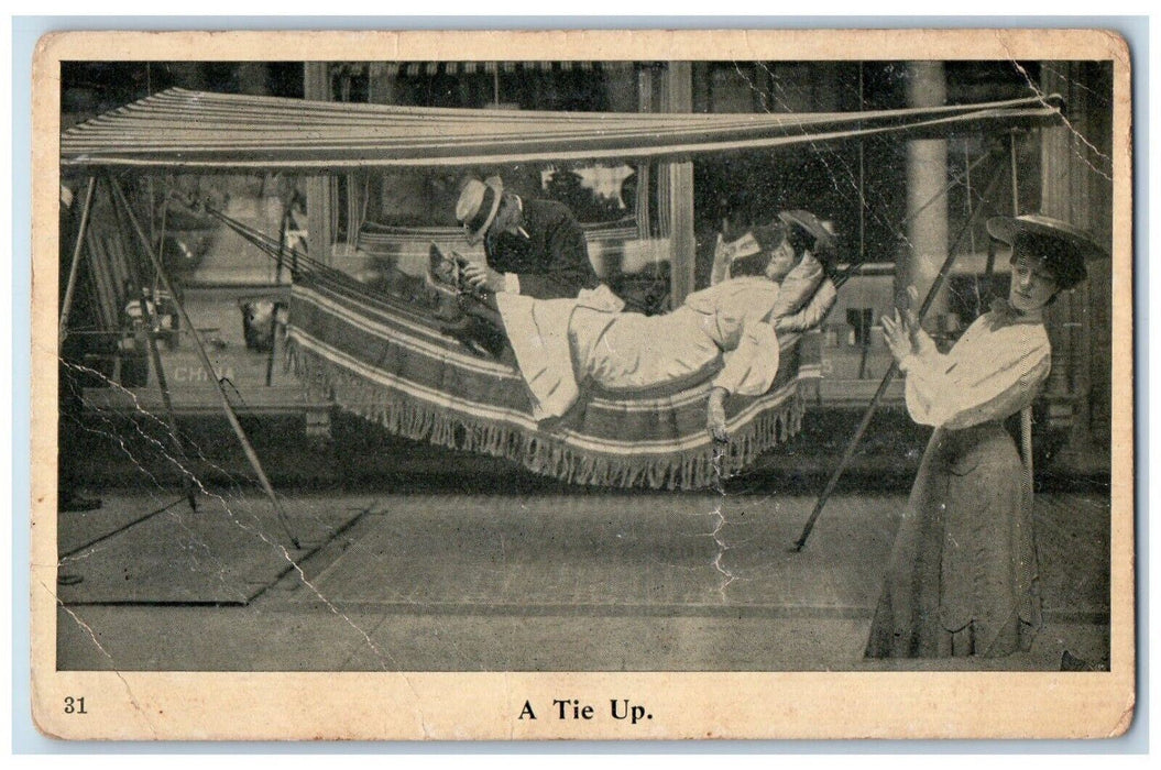 c1910's A Tie Up Woman Hammock Man Cigarette Feet Massage Antique Postcard