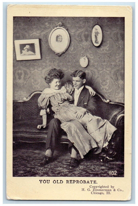 c1910s Sweet Couple Children You Old Reprobate Sitting On Couch Antique Postcard