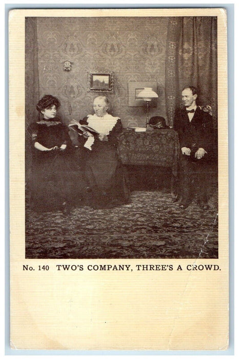 c1910's Two's Company Three's A Crowd Lamp Couple Staring Antique Postcard