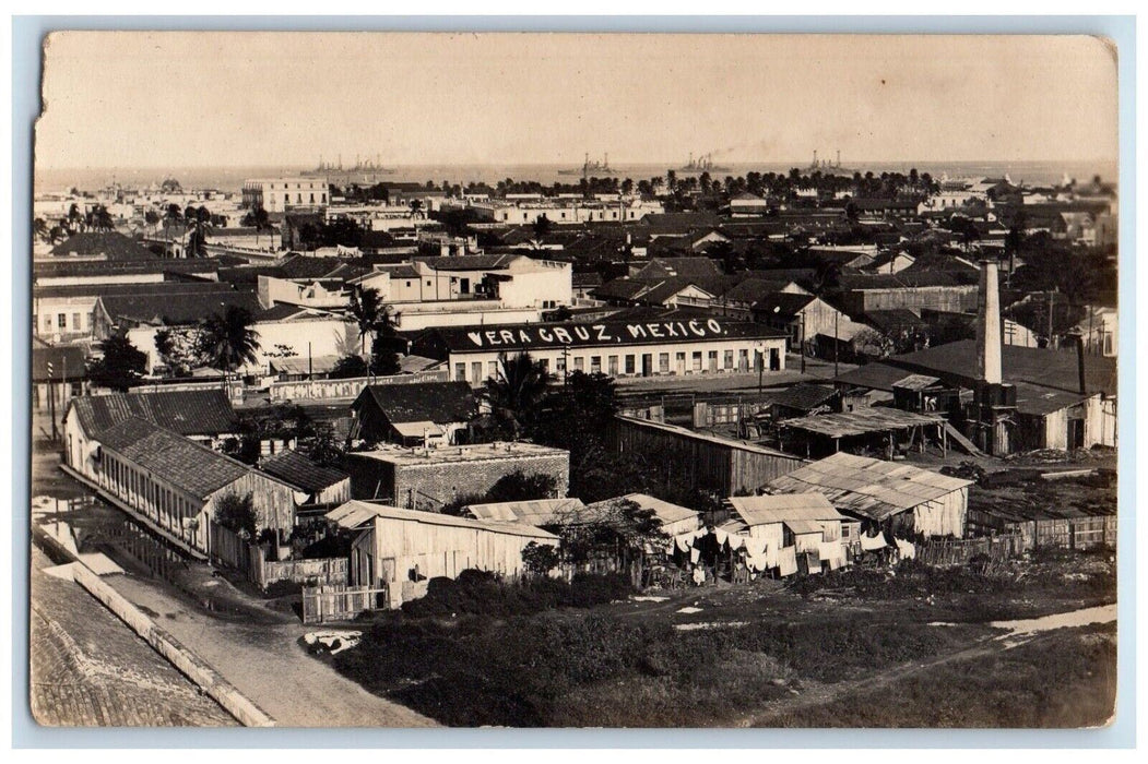 c1910's Birds Eye View Battleship Harbor Veracruz Mexico RPPC Photo Postcard